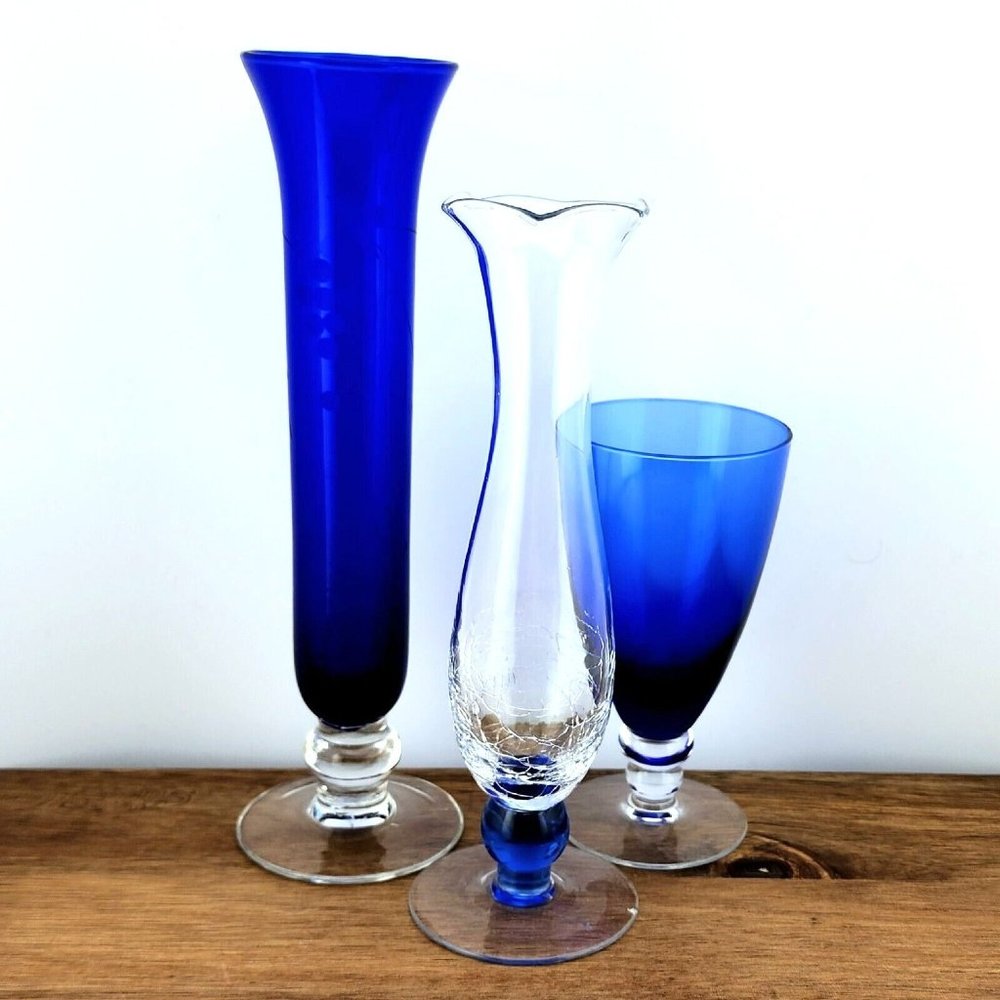 Unique Lot of 3 Vintage Mixed Cobalt Blue Glass Bud Vases mismatched collection